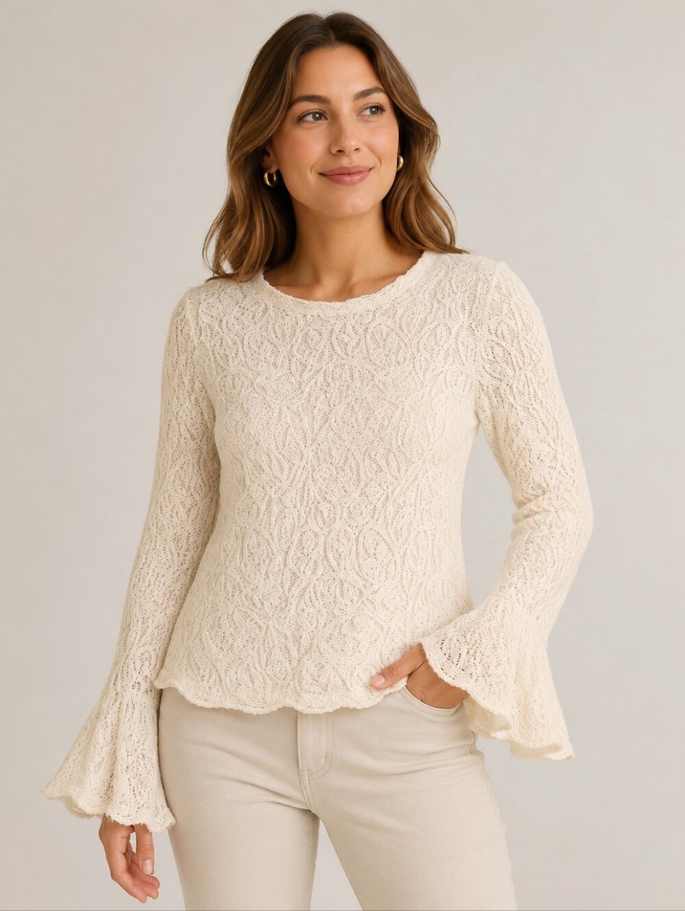 Soft Surroundings White Lilith Lace Bell Sleeve Textured Embroidery Lined Size S